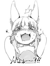 Rule 34 | 1girl, :3, ^^^, blunt bangs, blush, catchphrase, cheek pinching, disembodied hand, drooling, embarrassed, fangs, furry, greyscale, hands up, highres, horizontal pupils, looking at viewer, made in abyss, monochrome, nanachi (made in abyss), open mouth, pinching, simple background, solo focus, sweat, sweatdrop, nervous sweating, topless, tuxedo de cat, whiskers, white background