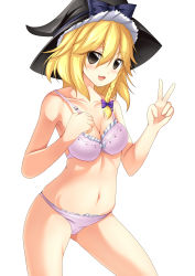 Rule 34 | 1girl, black eyes, black hat, blonde hair, blue bow, blush, bow, bra, braid, breasts, cleavage, commentary request, cookie (touhou), cowboy shot, hair between eyes, hair bow, hat, hat bow, highres, kirisame marisa, looking at viewer, medium breasts, medium hair, open mouth, panties, pink bra, pink panties, purple bow, side braid, simple background, single braid, smile, solo, szk, touhou, underwear, underwear only, v, white background, witch hat, yuuhi (cookie)