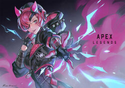 Rule 34 | 1girl, animification, apex legends, black gloves, black headwear, black jacket, breasts, cyber punked wattson, fang, from side, gloves, horns, jacket, looking at viewer, medium breasts, official alternate costume, one eye covered, pink gloves, pink hair, shiro-hane, solo, two-tone gloves, upper body, wattson (apex legends)