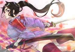 Rule 34 | 1girl, armor, black hair, blue eyes, dungeon ni deai wo motomeru no wa machigatteiru darou ka, gloves, highres, holding, holding sword, holding weapon, japanese armor, japanese clothes, katana, kimono, long hair, long sleeves, looking at viewer, parted bangs, purple kimono, red thighhighs, shamu 0520, short kimono, side ponytail, sword, thighhighs, thighs, weapon, wide sleeves, yamato mikoto, zettai ryouiki