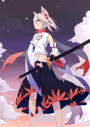 Rule 34 | 1girl, absurdres, animal ear fluff, animal ears, black skirt, closed mouth, cloud, detached sleeves, feet out of frame, gradient background, hair ornament, hat, highres, holding, holding sword, holding weapon, inubashiri momiji, kakaricho dairi, katana, leaf, maple leaf, navel, outdoors, pom pom (clothes), red eyes, red hat, shirt, short hair, skirt, solo, standing, sword, tail, tokin hat, touhou, weapon, white hair, white shirt, wide sleeves, wolf ears, wolf tail