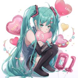 1girl 39 2022 ahoge aqua_eyes aqua_hair ashika_(yftcc948) balloon bare_shoulders birthday black_skirt black_sleeves black_thighhighs boots commentary detached_sleeves grey_shirt hair_ornament hatsune_miku heart_balloon highres hug long_hair looking_at_viewer miku_day miniskirt pleated_skirt shirt skirt sleeveless sleeveless_shirt solo squatting thigh_boots thighhighs twintails very_long_hair vocaloid