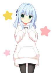 Rule 34 | 1girl, black pantyhose, blue bow, blue hair, blush, bow, closed mouth, colored eyelashes, commentary request, cowboy shot, double-parted bangs, green eyes, hair between eyes, hair bow, hamidashi creative, hands up, highres, hood, hood down, hooded sweater, light blue hair, long hair, looking at viewer, nishiki asumi, pantyhose, sidelocks, simple background, sleeves past wrists, smile, solo, standing, star (symbol), straight-on, sweater, utsunomiya tsumire, white background, white sweater