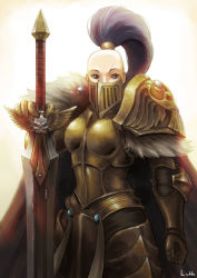 Rule 34 | 1girl, armor, artist name, bald, bald girl, gauntlets, gold armor, holding, holding sword, holding weapon, lutherniel, mouth guard, pauldrons, ponytail, power armor, scar, scar across eye, scar on face, shoulder armor, sisters of silence, skull, solo, sword, warhammer 40k, weapon