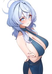 Rule 34 | ako (blue archive), ako (dress) (blue archive), arms under breasts, backless dress, backless outfit, bare shoulders, blue archive, blue dress, blue eyes, blue hair, blue halo, blush, breasts, clenched teeth, commentary, crossed arms, dress, earrings, evening gown, hairband, halo, highres, holika baby, huge breasts, jewelry, medium hair, official alternate costume, plunging neckline, side slit, sideboob, sideless dress, sideless outfit, simple background, sleeveless, sleeveless dress, sweatdrop, teeth, white background