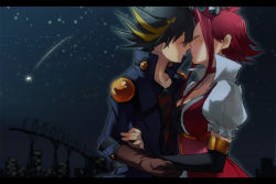 Rule 34 | 1boy, 1girl, black gloves, blush, breasts, brown footwear, cleavage, closed eyes, couple, elbow gloves, fingerless gloves, from side, fudo yusei, gloves, imminent kiss, izayoi aki, large breasts, memna (renka roll), night, outdoors, red hair, short hair with long locks, short sleeves, sidelocks, sky, star (sky), starry sky, upper body, yu-gi-oh!, yu-gi-oh! 5d&#039;s