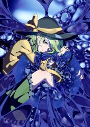 Rule 34 | 1girl, abstract background, absurdres, black hat, blouse, blush, bow, commentary, dissolving, expressionless, frilled shirt collar, frilled skirt, frilled sleeves, frills, from side, full body, green eyes, green hair, green skirt, hat, hat bow, highres, koishi day, komeiji koishi, long sleeves, looking at viewer, looking to the side, mizoreshi, parted lips, shirt, short hair, skirt, solo, third eye, touhou, wide sleeves, yellow bow, yellow shirt