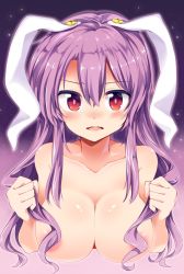Rule 34 | 1girl, animal ears, blush, breasts, collarbone, completely nude, gradient background, hair between eyes, highres, holding, holding hair, large breasts, long hair, looking at viewer, maturiuta sorato, nude, parted lips, purple background, purple hair, rabbit ears, red eyes, reisen udongein inaba, sidelocks, solo, touhou, upper body, wavy hair