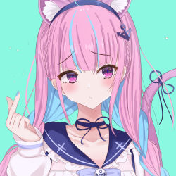Rule 34 | 1girl, ahoge, anchor symbol, animal ears, aqua background, blue background, blue hair, blue nails, blunt bangs, blush, braid, cat ears, cat tail, closed mouth, colored inner hair, finger heart, hairband, highres, hololive, inaka 44, long hair, looking at viewer, minato aqua, minato aqua (sailor), multicolored hair, nail polish, pink hair, purple eyes, ribbon, sailor collar, simple background, solo, streaked hair, tail, tail ornament, tail ribbon, twintails, two-tone hair, upper body, virtual youtuber