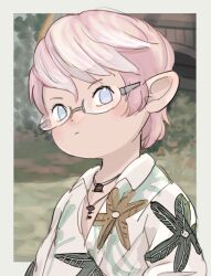 Rule 34 | 1boy, blue eyes, border, collared shirt, expressionless, final fantasy, final fantasy xiv, glasses, heterochromia, jewelry, lalafell, looking at viewer, male focus, necklace, nomu poncha, outside border, pink hair, shirt, short hair, v-neck, warrior of light (ff14), white border