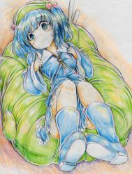 Rule 34 | 1girl, backpack, bad id, bad pixiv id, bag, blue eyes, blue hair, blush, boots, colored pencil (medium), hair bobbles, hair ornament, hat, highres, kawashiro nitori, key, kitazinger, matching hair/eyes, short hair, solo, touhou, traditional media, twintails, two side up