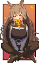 Rule 34 | 1girl, absurdres, animal ears, arknights, between legs, binware, black border, black wristband, blush, boots, border, breasts, brown coat, brown footwear, brown hair, ceobe (arknights), coat, dog ears, food, food in mouth, full body, hand between legs, highres, indian style, infection monitor (arknights), long hair, long sleeves, looking at viewer, medium breasts, mouth hold, orange background, outside border, pizza, pizza slice, red eyes, sitting, solo, star (symbol), thigh boots, very long hair, white border
