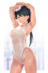 Rule 34 | 1girl, alternate breast size, armpits, black hair, blue eyes, blurry, blurry background, blush, breasts, closed mouth, collarbone, competition swimsuit, half-closed eyes, hand over heart, highres, houshou (kancolle), kantai collection, looking at viewer, medium breasts, one-piece swimsuit, outside border, ponytail, smile, solo, swept bangs, swimsuit, wa (genryusui), white one-piece swimsuit, yellow trim