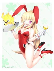 Rule 34 | 1girl, ;d, animal ears, bow, bowtie, character request, cup, detached collar, drinking glass, fake animal ears, gloves, chalice, long hair, one eye closed, open mouth, phantasy star, phantasy star online 2, playboy bunny, rabbit ears, rabbit tail, smile, tail, tray, wine glass, yazaki shion