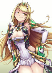 Rule 34 | 1girl, bare shoulders, blonde hair, breasts, chest jewel, circlet, cleavage, cleavage cutout, closed mouth, clothing cutout, cowboy shot, dress, earrings, elbow gloves, gloves, hands on own hips, highres, jewelry, large breasts, long hair, looking at viewer, mythra (xenoblade), ravenhart, signature, smile, solo, swept bangs, white dress, white gloves, xenoblade chronicles (series), xenoblade chronicles 2, yellow eyes