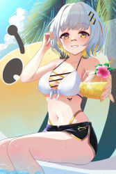 Rule 34 | 1girl, banana de ikopon, bandaid, bandaid on face, bandaid on nose, bee, bikini, black shorts, blonde hair, breasts, bug, center opening, colored inner hair, cross-laced slit, cup, day, dolphin shorts, drinking glass, flower, front-tie bikini top, front-tie top, grey hair, hachi (live union), hibiscus, highres, insect, live union, looking at viewer, medium breasts, mole, mole under eye, multicolored bikini, multicolored clothes, multicolored hair, navel, o-ring, o-ring top, orange nails, outdoors, palm tree, parted lips, short hair, short shorts, shorts, sitting, solo, stomach tattoo, swimsuit, tattoo, tree, tropical drink, virtual youtuber, wet, white bikini, yellow bikini, yellow eyes