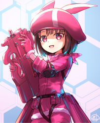 Rule 34 | 1girl, animal ear headwear, animal ears, bandana, belt pouch, brown hair, bullpup, character name, fake animal ears, flat chest, fur-trimmed gloves, fur trim, gloves, gun, hat, holding, holding gun, holding weapon, ishiguchi juu, jacket, llenn (sao), looking at viewer, open mouth, p-chan (p90), p90, pants, petite, pink bandana, pink eyes, pink gloves, pink hat, pink jacket, pink pants, pouch, short hair, smile, solo, submachine gun, sword art online, sword art online alternative: gun gale online, trigger discipline, weapon