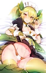 Rule 34 | 1girl, :3, absurdres, blush, breasts, commentary request, dragon girl, dragon horns, dragon wings, duel monster, fingernails, green hair, green tail, green thighhighs, green wings, hair between eyes, half-closed eye, harigane shinshi, highres, horns, looking at viewer, lying, maid, maid headdress, medium breasts, multicolored hair, navel, nipples, on side, orange eyes, panties, parlor dragonmaid, pinky out, solo, sweatdrop, tail, thighhighs, underwear, white panties, wings, yu-gi-oh!