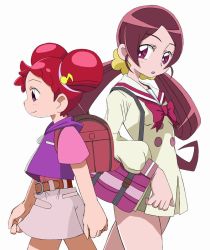 Rule 34 | 2girls, anime coloring, bag, belt, bow, child, company connection, cowboy shot, crossover, double bun, from side, hanasaki tsubomi, harukaze doremi, heartcatch precure!, jun (666), long hair, low twintails, multiple girls, official style, ojamajo doremi, parody, pink eyes, pink hair, precure, profile, red bow, red hair, school bag, school uniform, skirt, toei animation, twintails, walking, white background