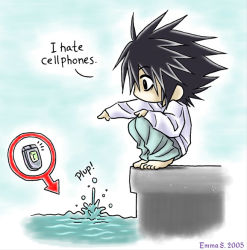 Rule 34 | 00s, 1boy, 2005, artist name, artist request, bags under eyes, barefoot, cellphone, chibi, death note, english text, full body, l (death note), male focus, outdoors, phone, sitting, solo, squatting, water