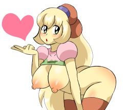 Rule 34 | 1girl, artist request, ass, blowing kiss, breasts, female focus, fumu (kirby), green eyes, heart, kirby: right back at ya, kirby (series), kiss, large breasts, looking at viewer, nintendo, simple background, solo, white background