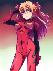 Rule 34 | 10s, 1girl, blue eyes, breasts, brown hair, caryo, curvy, frown, gradient background, gradient hair, green background, hair between eyes, hair ornament, hand on own head, interface headset, long hair, looking at viewer, multicolored hair, neon genesis evangelion, plugsuit, rebuild of evangelion, red background, resized, scowl, shiny clothes, solo, souryuu asuka langley, tabigarasu, two side up, white background, wide hips