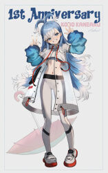 Rule 34 | 1girl, :d, absurdres, anniversary, arms up, beruko14, blue hair, blue nails, crop top, double v, drawstring, full body, grin, highres, hololive, hololive indonesia, jacket, kobo kanaeru, long hair, long sleeves, looking at viewer, midriff, multicolored hair, nail polish, navel, open clothes, open jacket, open mouth, pants, parted lips, see-through, shoes, sleeves past wrists, smile, sneakers, solo, standing, two-tone hair, umbrella, unbuttoned, unzipped, v, very long hair, virtual youtuber, white footwear, white hair, white jacket, white pants, yoga pants