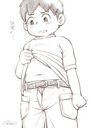 Rule 34 | 1boy, belt, blush, character request, child, clenched hand, commentary request, copyright request, cowboy shot, greyscale, highres, lifted by self, male focus, midriff, momotaro chitose, monochrome, navel, open mouth, pocket, short hair, short sleeves, signature, simple background, solo, tareme, translation request, white background