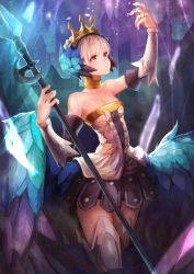 Rule 34 | 1girl, arm up, armor, armored dress, bare shoulders, choker, crown, dress, gwendolyn (odin sphere), hair ornament, highres, jewelry, koruse, odin sphere, pink eyes, polearm, pteruges, ring, short hair, solo, spear, strapless, strapless dress, thighhighs, weapon, white hair, wings