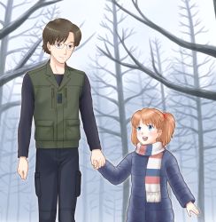 Rule 34 | 1boy, 1girl, age difference, aida kensuke, beard, blue eyes, brown hair, child, day, evangelion: 3.0+1.0 thrice upon a time, facial hair, forest, glasses, grin, happy, holding hands, jacket, nature, neon genesis evangelion, open mouth, rebuild of evangelion, scarf, smile, souryuu asuka langley, tree, twintails, walking