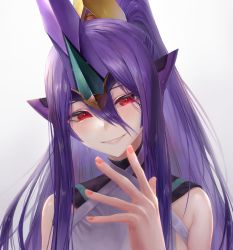 Rule 34 | 1girl, bare shoulders, blazblue, breasts, fingernails, hades izanami, hair between eyes, hair ornament, hair over shoulder, kaeru (meriruou), long hair, looking at viewer, mikado (blazblue), open mouth, ponytail, profile, purple hair, red eyes, simple background, skirt, small breasts, smile, solo, straight hair, teeth, upper body, very long hair, white background