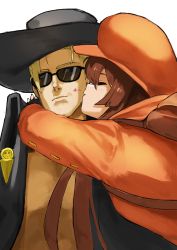 Rule 34 | 1boy, 1girl, arc system works, backpack, bag, black coat, black headwear, blonde hair, brown hair, cabbie hat, closed eyes, coat, cowboy hat, flasso, guilty gear, guilty gear strive, guilty gear xrd, hat, heart, high collar, highres, hug, jacket, johnny (guilty gear), kiss, kissing cheek, long hair, long sleeves, may (guilty gear), open clothes, open jacket, orange headwear, orange jacket, short hair, skull, sunglasses, topless male, very long hair, white background