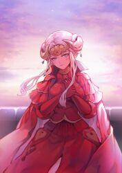 1girl blush boobplate breastplate cainlawiet cape circlet closed_mouth dress edelgard_von_hresvelg fake_horns fire_emblem fire_emblem:_three_houses gloves hashtag-only_commentary high_collar highres horns looking_at_viewer nintendo purple_eyes red_cape red_dress red_gloves smile solo white_hair