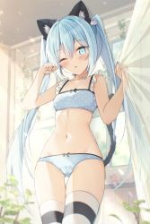 Rule 34 | 1girl, ;o, animal ear fluff, animal ears, asymmetrical legwear, bare arms, bare shoulders, blue bra, blue eyes, blue hair, blue nails, blue panties, blush, bow, bow bra, bow panties, bra, breasts, cameltoe, cat ears, cat girl, cat hair ornament, cat tail, commentary, curtain grab, curtains, english commentary, gluteal fold, hair between eyes, hair ornament, hands up, highres, indoors, looking at viewer, nail polish, navel, one eye closed, original, panties, parted lips, polka dot, polka dot bra, polka dot panties, saeki sora, small breasts, solo, standing, striped clothes, striped thighhighs, tail, thighhighs, transparent, twintails, underwear, underwear only