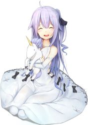 Rule 34 | 1girl, :d, ^ ^, ahoge, azur lane, closed eyes, commentary request, detached sleeves, hugging doll, dress, hair ribbon, highres, hiraba 6018, long hair, looking at viewer, hugging object, off-shoulder dress, off shoulder, open mouth, purple hair, ribbon, simple background, sitting, smile, solo, thighhighs, unicorn (azur lane), wariza, white background, white dress, white thighhighs