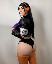 Rule 34 | 1girl, ass, ass focus, black hair, black panties, buttercupcosplays, cosplay, cropped jacket, gloves, highres, jacket, leather, leather jacket, light smile, long hair, nico robin, nico robin (cosplay), nico robin (egghead), panties, photo (medium), real life, sexually suggestive, smile, solo, thighhighs, underwear