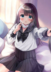 Rule 34 | 1girl, bad id, bad pixiv id, bed sheet, black bow, black hair, black sailor collar, black skirt, blue eyes, blurry, blurry foreground, blush, bow, commentary request, curtains, depth of field, hair between eyes, highres, indoors, long hair, long sleeves, looking at viewer, mask, mask pull, minami saki, mouth mask, original, outstretched arm, parted lips, pleated skirt, puffy long sleeves, puffy sleeves, sailor collar, school uniform, serafuku, shirt, sitting, skirt, solo, surgical mask, v-shaped eyebrows, white shirt