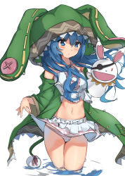 Rule 34 | 1girl, absurdres, animal ears, animal hood, bare shoulders, bikini, bikini bottom only, bikini skirt, blue eyes, blue hair, blush, breasts, buttons, closed mouth, crop top, date a live, eyepatch, hair between eyes, hand puppet, highres, hood, hood up, hooded jacket, jacket, long hair, long sleeves, looking at viewer, navel, off shoulder, open clothes, open jacket, puppet, rabbit ears, rabbit hood, ripples, small breasts, solo, striped bikini, striped bikini bottom, striped clothes, swimsuit, taka (0taka), very long hair, wading, water, wet, white background, wide sleeves, yoshino (date a live), yoshinon