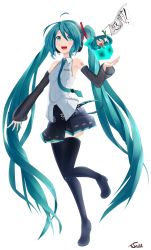 Rule 34 | 2girls, absurdres, ahoge, aqua eyes, aqua hair, artist name, boots, box, chibi, detached sleeves, fang, hachune miku, hatsune miku, hatsune miku (vocaloid3), headphones, headset, highres, in box, in container, long hair, multiple girls, necktie, open mouth, see-through, simple background, skirt, soruto, spring onion, thigh boots, thighhighs, twintails, very long hair, vocaloid, white background