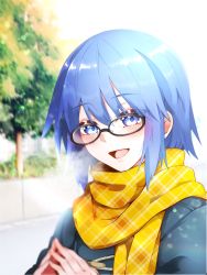 Rule 34 | 1girl, black-framed eyewear, blue coat, blue eyes, blue hair, blush, breath, ciel (tsukihime), coat, commentary request, glasses, hair between eyes, highres, live unyanya, looking at viewer, open mouth, outdoors, own hands together, scarf, short hair, sidelocks, smile, solo, tongue, tree, tsukihime, tsukihime (remake), upper body, winter clothes, yellow scarf