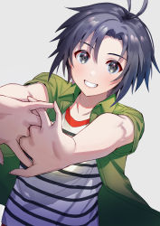 Rule 34 | 1girl, 8n0 g, :d, antenna hair, black eyes, black hair, black shirt, blush, collarbone, commentary, green shirt, hair between eyes, highres, idolmaster, idolmaster (classic), kikuchi makoto, looking at viewer, open clothes, open mouth, open shirt, overshirt, shirt, short hair, short sleeves, simple background, smile, solo, stretching, striped clothes, striped shirt, upper body, white background, white shirt