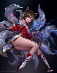 Rule 34 | 1girl, ahri (league of legends), animal ears, artist name, artstation username, ass, bare shoulders, breasts, brown hair, cleavage, closed mouth, detached sleeves, dress, eyelashes, facebook username, facial mark, fingernails, fox ears, fox tail, glowing, groin, hair between eyes, hand up, heart, highres, korean clothes, large breasts, league of legends, light smile, long fingernails, long hair, long sleeves, magic, medium breasts, microdress, midair, multiple tails, nail polish, nose, orb, ozma, panties, pink lips, pink nails, red dress, red footwear, shoes, smile, solo, strapless, strapless dress, tail, underwear, very long hair, watermark, web address, whisker markings, white legwear, white panties, yellow eyes