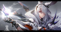 Rule 34 | 1girl, animal ears, arknights, black gloves, buckle, closed mouth, commentary, english commentary, english text, female focus, frostnova (arknights), gloves, gradient background, grey background, hair ornament, hair over one eye, hand up, hood, hood down, hooded jacket, jacket, letterboxed, light particles, long hair, looking at viewer, pink eyes, scar, scar on face, scar on nose, solo, tears, train hb, upper body, white hair, white jacket