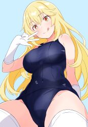 Rule 34 | 1girl, :q, absurdres, black one-piece swimsuit, blonde hair, breasts, commentary request, covered navel, elbow gloves, gloves, hair between eyes, hand up, highleg, highleg swimsuit, highres, large breasts, long hair, looking at viewer, o be3, one-piece swimsuit, paid reward available, school swimsuit, shokuhou misaki, simple background, solo, sparkling eyes, swimsuit, thighhighs, toaru kagaku no mental out, toaru kagaku no railgun, toaru majutsu no index, tongue, tongue out, w, white gloves, white thighhighs, yellow eyes