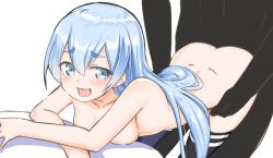 Rule 34 | 1boy, 1girl, ass, black thighhighs, blue eyes, blue hair, blush, breasts, character request, copyright request, dimples of venus, doggystyle, happy, happy sex, hetero, highres, long hair, looking at viewer, medium breasts, niwaka potato, nude, open mouth, sex, sex from behind, smile, sweat, tagme, thighhighs, thighs