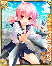 Rule 34 | 1girl, angry, black skirt, card (medium), character name, city, day, girlfriend (kari), higashino azusa, kunai, official art, open mouth, outdoors, pink eyes, pink hair, qp:flapper, red neckwear, rooftop, school uniform, serafuku, shirt, skirt, solo, tagme, throwing weapon, torn clothes, twintails, v-shaped eyebrows, weapon, white shirt