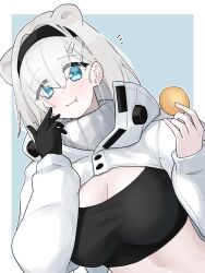 Rule 34 | 1girl, :t, animal ears, arknights, aurora (arknights), bear ears, black hairband, black shirt, blue eyes, commentary request, crop top, food, gloves, hairband, hands up, highres, holding, holding food, long hair, looking at viewer, midriff, shirt, shrug (clothing), single glove, smile, solo, upper body, white hair, yuki nko64