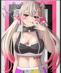 Rule 34 | 1girl, black collar, black sports bra, blush, breasts, cleavage, closed mouth, collar, fang, goddess of victory: nikke, hair ornament, hair ribbon, hairclip, heart, heart tattoo, jackal (nikke), low twintails, medium breasts, multicolored hair, nail polish, pink hair, pink ribbon, red eyes, ribbon, side ponytail, sidelocks, solo, spiked collar, spikes, sports bra, tattoo, twintails, upper body, white hair, yunareas