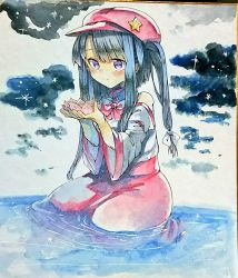 Rule 34 | 1girl, blue hair, blush, bow, bowtie, cabbie hat, closed mouth, cloud, cloudy sky, commentary request, flat cap, flower, hair bow, hat, hat ornament, holding, holding flower, japanese clothes, label girl (dipp), long skirt, long sleeves, looking at viewer, lotus, mandarin collar, medium hair, miko, night, partially submerged, photo (medium), purple eyes, red bow, red bowtie, red hat, red skirt, seiza, side ponytail, sidelocks, sitting, skirt, sky, smile, star (symbol), star hat ornament, touhou, traditional media, vest, wadante, water, white bow, white vest, wide sleeves