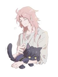 Rule 34 | 1boy, animal, animalization, cat, chinese commentary, closed eyes, closed mouth, colored eyelashes, commentary request, grey shirt, hatsutori hajime, highres, holding, holding animal, holding cat, long hair, male focus, mei cai kou chai, parted bangs, person and animalization, pink hair, saibou shinkyoku, shirt, simple background, sleeves past elbows, smile, upper body, utsugi noriyuki, white background